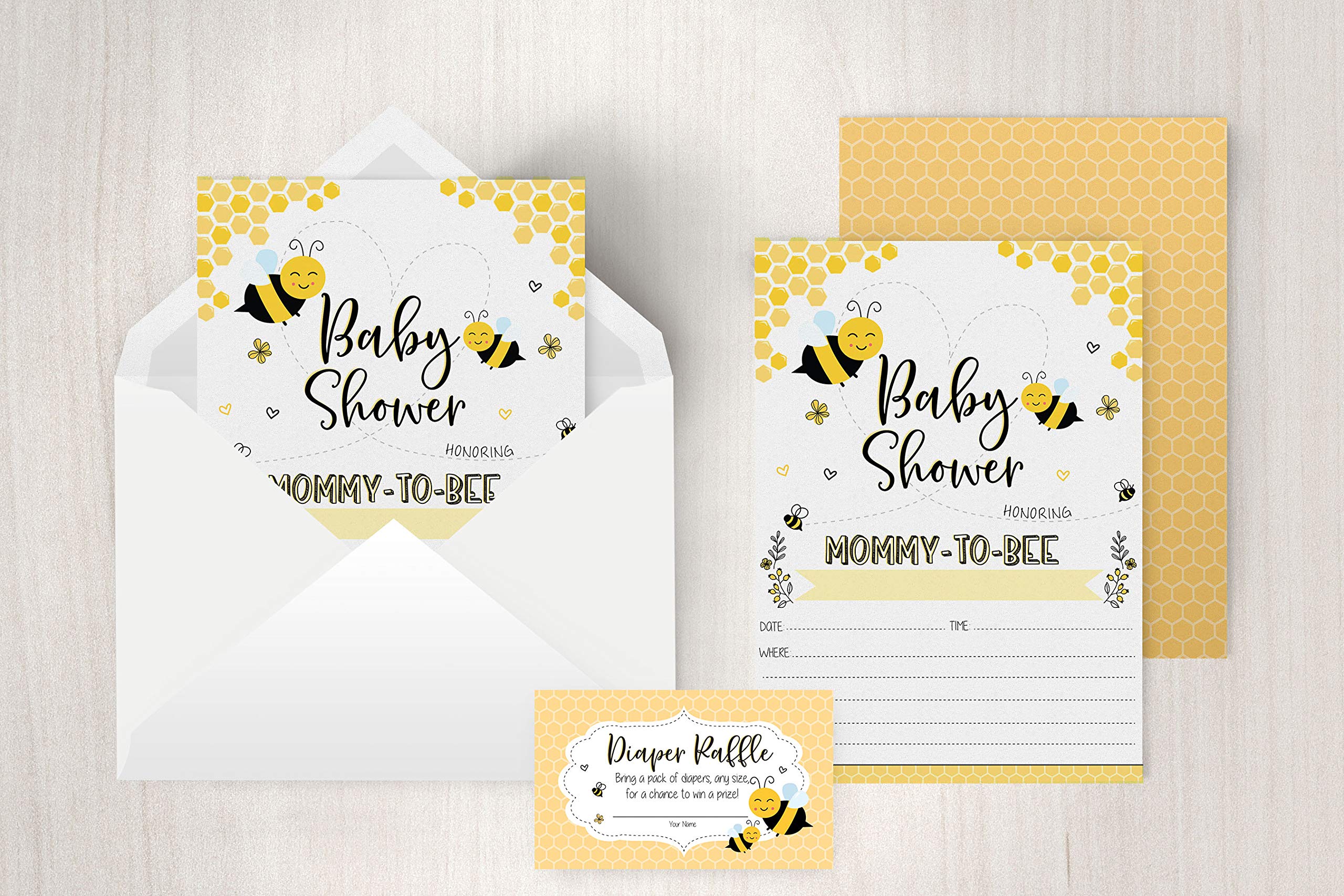 Your Main Event Prints Mom To Bee Baby Shower Invitations, Neutral Yellow Bee Baby Shower Invites with Diaper Raffles Cards, Sprinkle, 20 Invites Including Envelopes