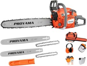 proyama 58cc 2-cycle gas powered chainsaw, 16-inch top handle chain saw, gasoline chainsaw 20-inch for tree wood cutting