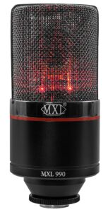 mxl 990 condenser microphone for podcasting, singing, home studio recording, gaming & streaming | red led lights | xlr | large diaphragm (blaze)