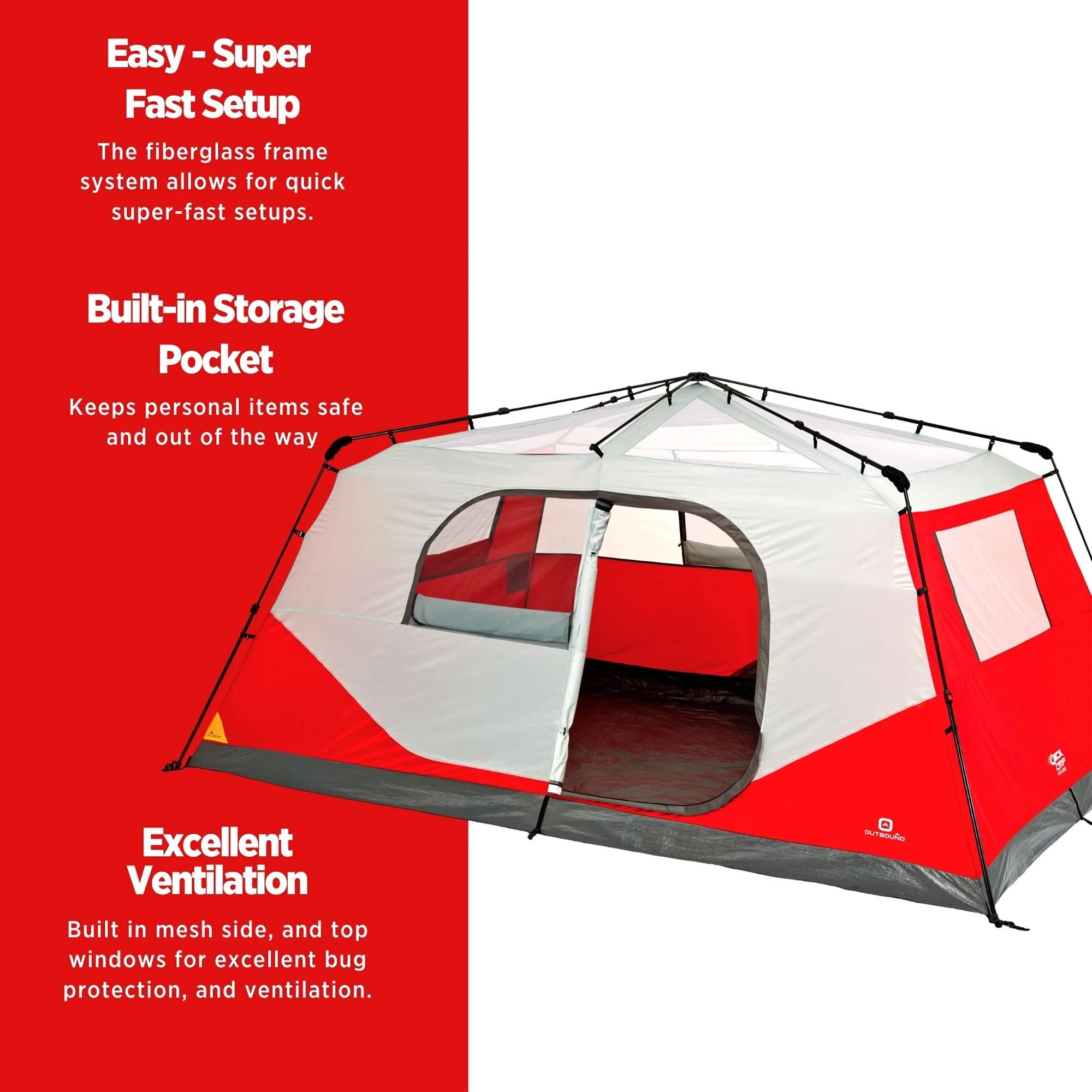 Outbound QuickCamp 10 Person 3 Season Lightweight Easy Up Cabin Style Tent with a Heavy Duty 600 mm Coated Rainfly, Front Canopy, and Carry Bag, Red