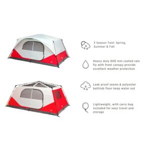 Outbound QuickCamp 10 Person 3 Season Lightweight Easy Up Cabin Style Tent with a Heavy Duty 600 mm Coated Rainfly, Front Canopy, and Carry Bag, Red