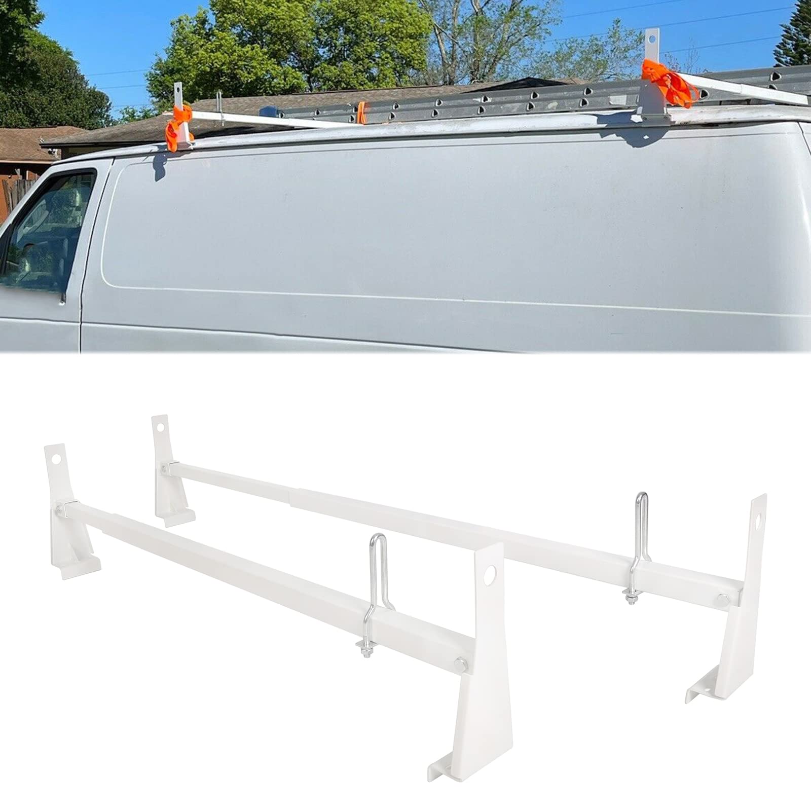 ECOTRIC 41"-77" Universal Ladder Roof Racks Compatible with 2003-2017 Chevy Express GMC Savana 1999-2014 Ford E-Series 700 Lbs Capacity Adjustable 2 Bars for Kayak Canoe Lumber Pipe Cargo