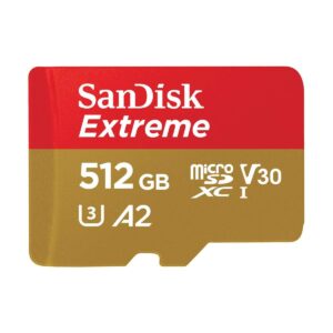 sandisk 512gb extreme uhs-i microsdxc memory card with sd adapter, 160mb/s read, 90mb/s write, v30, a2