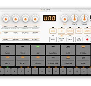 IK Multimedia UNO Drum analog and digital drum machine with 6 analog voices, 64-Step Sequencer, USB and 2.5mm MIDI, 100 pattern presets, battery-powered and portable