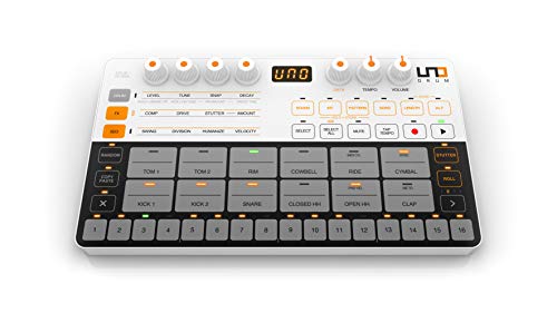 IK Multimedia UNO Drum analog and digital drum machine with 6 analog voices, 64-Step Sequencer, USB and 2.5mm MIDI, 100 pattern presets, battery-powered and portable