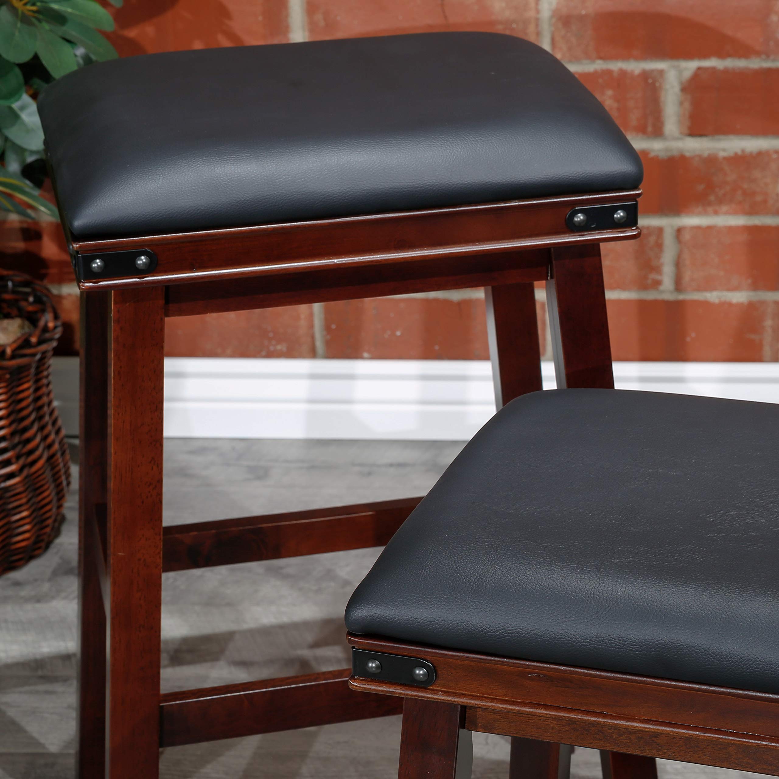 DTY Indoor Living Cortez Bonded Leather Stool, Espresso Finish, 30" Bar Height, Black Leather Seat