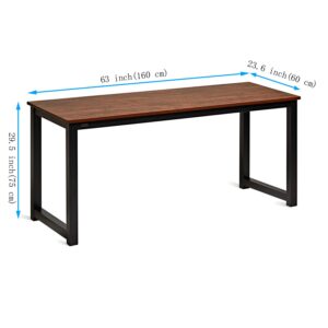 Decoholic Modern Computer Desk 63" Large Workstation Office Desk Computer Table Study Writing Desk for Office Home, with Leg Bars,Industrial Style, Sandalwood Board Black Leg