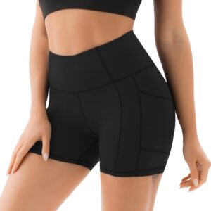 PERSIT Yoga Shorts for Women with Pockets High Wasited Running Athletic Biker Workout Shorts Tight Gym Shorts Yoga Pants - Black - M