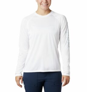 columbia women's standard pfg tidal tee ii sun protection long sleeve shirt, white/cirrus grey logo, small