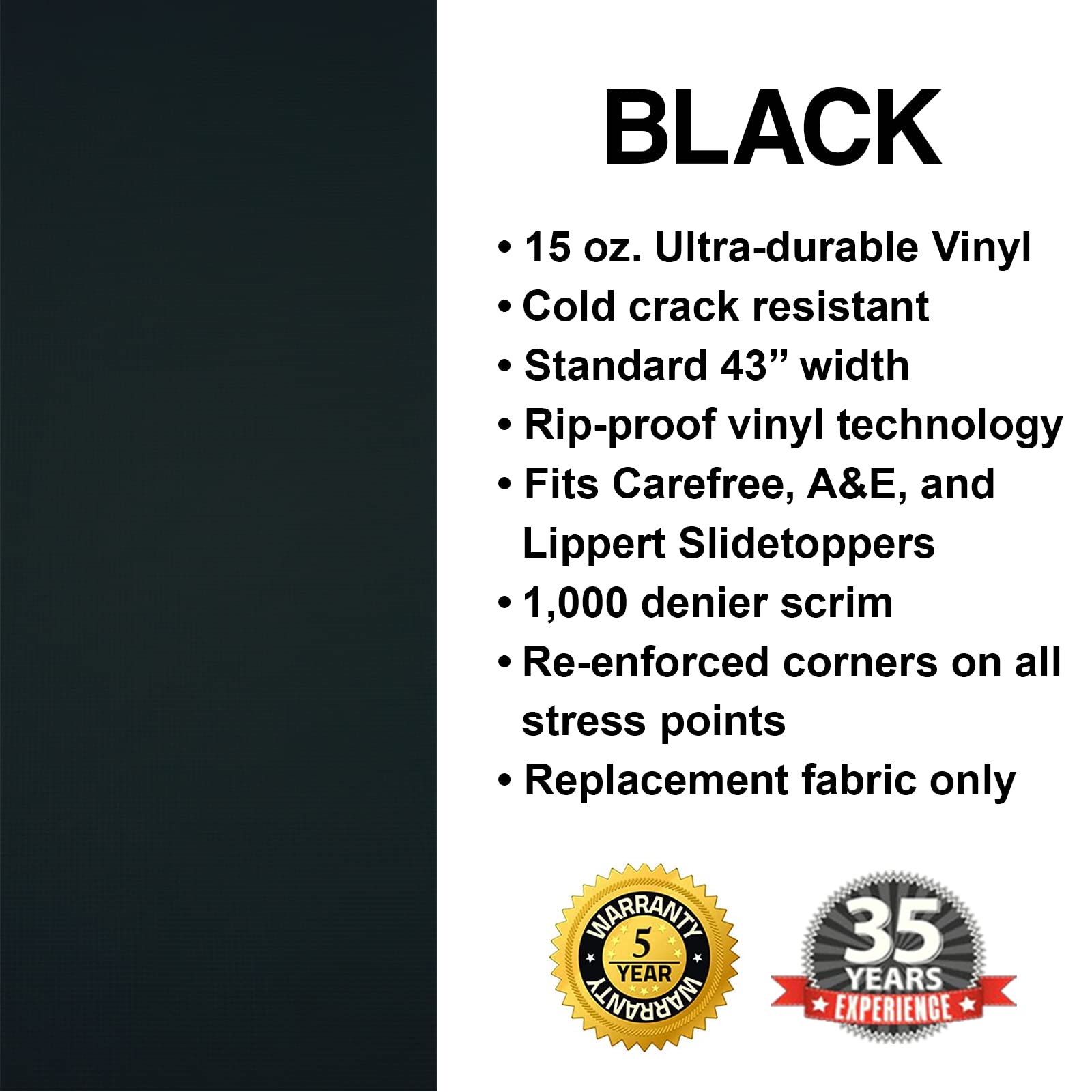 The ShadePro RV Slideout Topper - 140" to 163" Trim to Fit Slide Out Awning Fabric Replacement for RVs and Campers - Ultra-Durable Vinyl Fabric (Black)