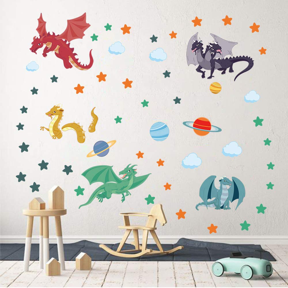 decalmile Cute Dragon Wall Decals Planets Stars Wall Stickers Playroom Boys Bedroom Kids Room Wall Decor