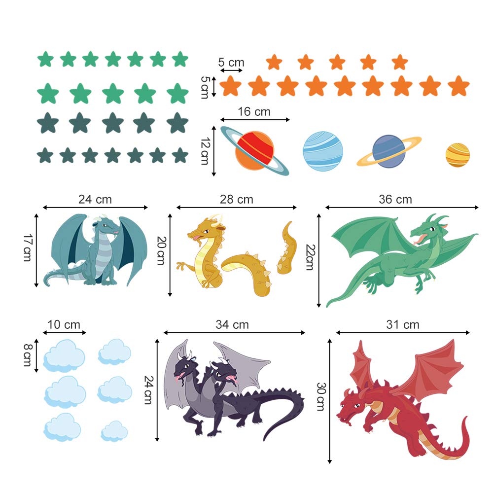 decalmile Cute Dragon Wall Decals Planets Stars Wall Stickers Playroom Boys Bedroom Kids Room Wall Decor