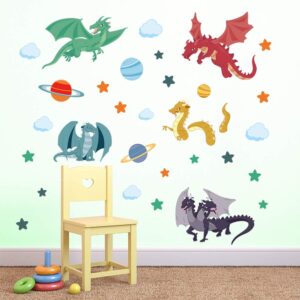 decalmile Cute Dragon Wall Decals Planets Stars Wall Stickers Playroom Boys Bedroom Kids Room Wall Decor