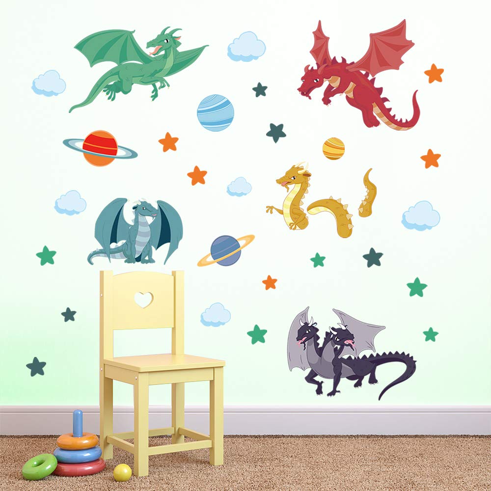 decalmile Cute Dragon Wall Decals Planets Stars Wall Stickers Playroom Boys Bedroom Kids Room Wall Decor