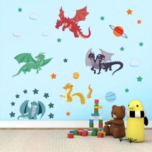 decalmile Cute Dragon Wall Decals Planets Stars Wall Stickers Playroom Boys Bedroom Kids Room Wall Decor