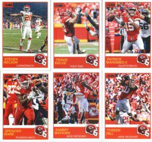 2019 panini score football veteran kansas city chiefs team set of 11 cards: patrick mahomes ii(#1), travis kelce(#2), steven nelson(#3), tyreek hill(#4), sammy watkins(#5), spencer ware(#6), dee ford(#7), anthony hitchens(#8), eric berry(#9), chris conley