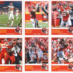 2019 Panini Score Football Veteran Kansas City Chiefs Team Set of 11 Cards: Patrick Mahomes II(#1), Travis Kelce(#2), Steven Nelson(#3), Tyreek Hill(#4), Sammy Watkins(#5), Spencer Ware(#6), Dee Ford(#7), Anthony Hitchens(#8), Eric Berry(#9), Chris Conley