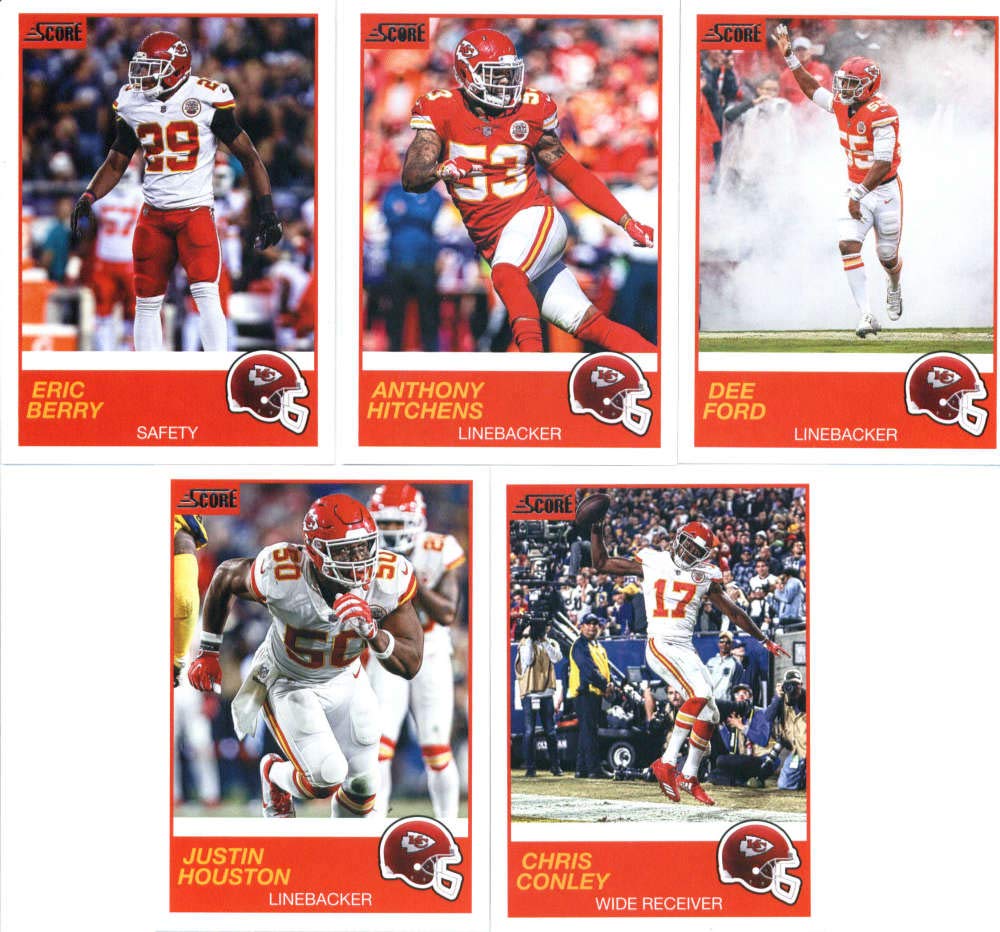 2019 Panini Score Football Veteran Kansas City Chiefs Team Set of 11 Cards: Patrick Mahomes II(#1), Travis Kelce(#2), Steven Nelson(#3), Tyreek Hill(#4), Sammy Watkins(#5), Spencer Ware(#6), Dee Ford(#7), Anthony Hitchens(#8), Eric Berry(#9), Chris Conley