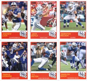 2019 panini score football veteran indianapolis colts team set of 12 cards: andrew luck(#52), marlon mack(#53), t.y. hilton(#54), darius leonard(#55), jordan wilkins(#56), nyheim hines(#57), eric ebron(#58), chester rogers(#59), adam vinatieri(#60), jabaa