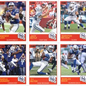 2019 Panini Score Football Veteran Indianapolis Colts Team Set of 12 Cards: Andrew Luck(#52), Marlon Mack(#53), T.Y. Hilton(#54), Darius Leonard(#55), Jordan Wilkins(#56), Nyheim Hines(#57), Eric Ebron(#58), Chester Rogers(#59), Adam Vinatieri(#60), Jabaa