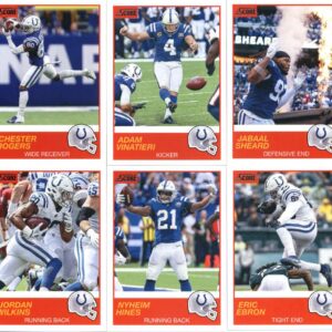 2019 Panini Score Football Veteran Indianapolis Colts Team Set of 12 Cards: Andrew Luck(#52), Marlon Mack(#53), T.Y. Hilton(#54), Darius Leonard(#55), Jordan Wilkins(#56), Nyheim Hines(#57), Eric Ebron(#58), Chester Rogers(#59), Adam Vinatieri(#60), Jabaa