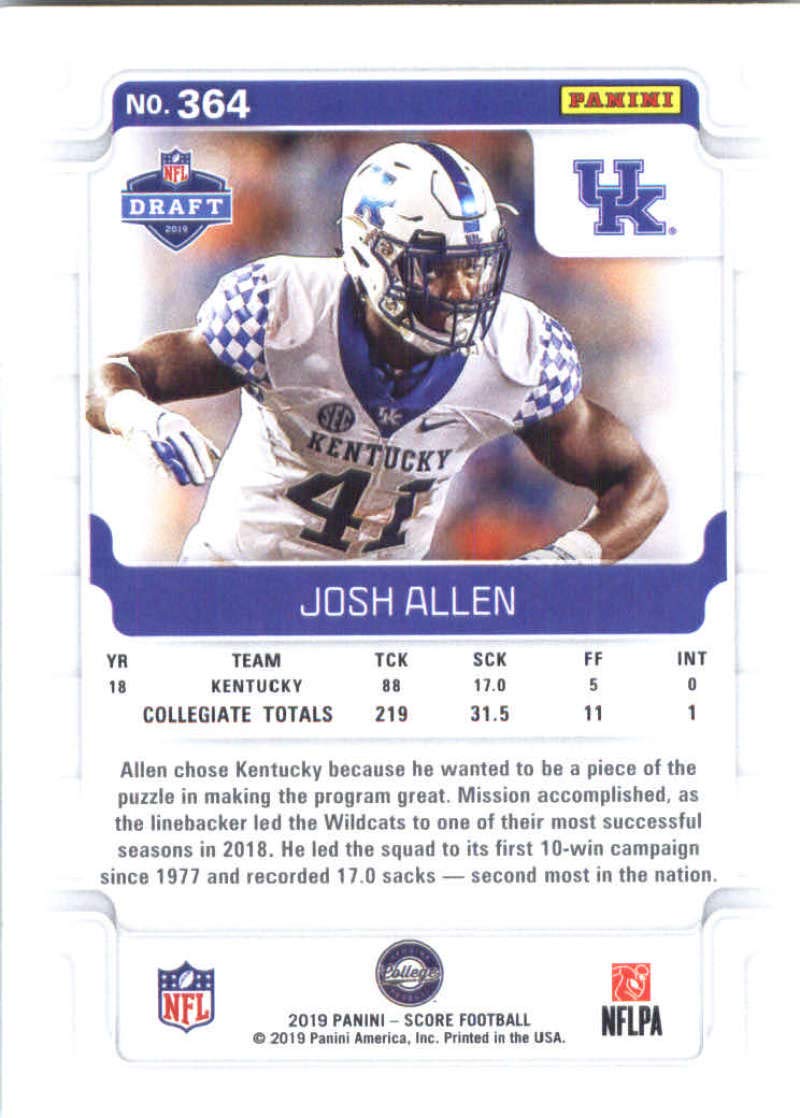 2019 Score Football #364 Josh Allen Kentucky Wildcats Rookie RC Official NFL Trading Card made by Panini