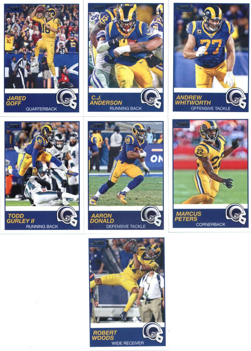 2019 Panini Score Football Veteran Los Angeles Rams Team Set of 13 Cards: Jared Goff(#293), Marcus Peters(#294), Aaron Donald(#295), Todd Gurley II(#296), Cooper Kupp(#297), Robert Woods(#298), Brandin Cooks(#299), Cory Littleton(#300), Johnny Hekker(#301