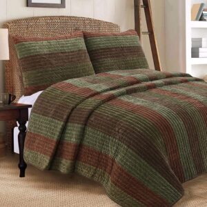 cozy line home fashions rhett dark brown sage green bold striped velvet reversible quilt bedding set, coverlet, bedspread set (brown/sage, queen - 3 piece)
