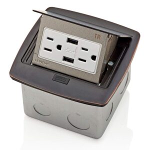leviton pfus1-bz pop-up floor box with dual type a, 3.6 usb charger, 15 amp outlet, bronze