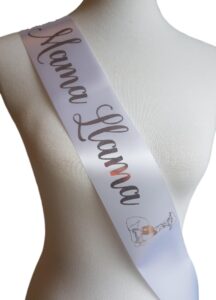 amy's bubbling boutique mama llama baby shower sash for mom to be white & rose gold with adjustable rhinestone safety pin