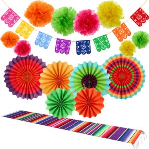 16 pieces fiesta party decorations hispanic heritage month decorations, 1 serape table runner, 6 colorful paper fans round wheel disc, 8 pom poms flowers, 1 felt papel picado banner for cinco de mayo