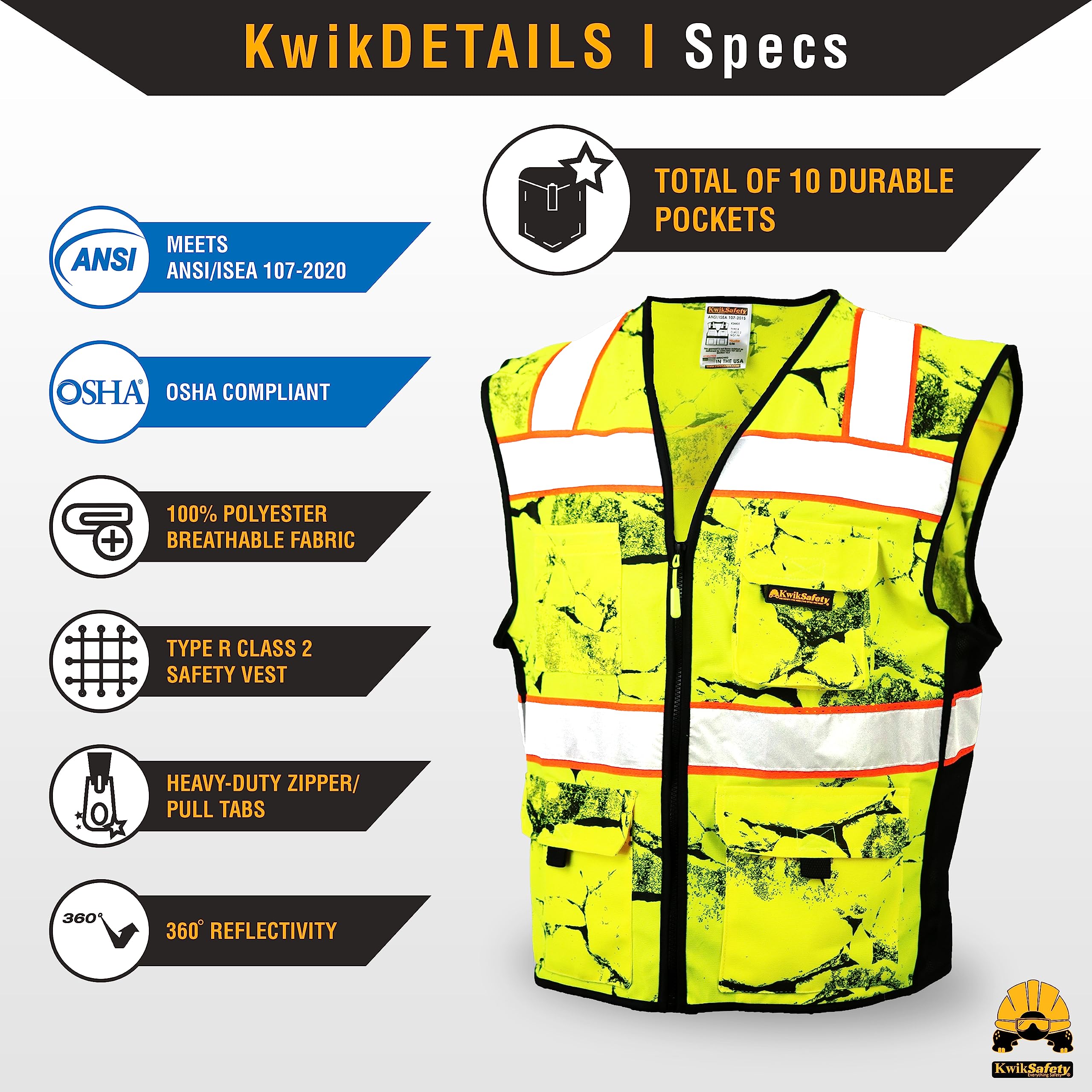 KwikSafety - Charlotte, NC - UNCLE WILLY’S WALL Safety Vest [10 POCKETS] Class 2 ANSI OSHA High Visibility Reflective Camo Heavy Duty Mesh HiVis Construction Work HiViz Men/Yellow Black Large