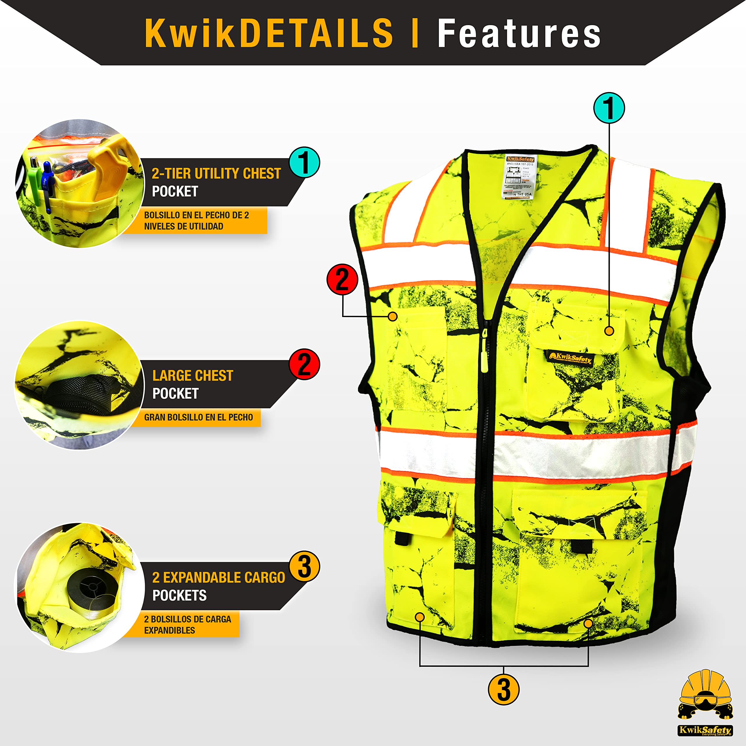 KwikSafety - Charlotte, NC - UNCLE WILLY’S WALL Safety Vest [10 POCKETS] Class 2 ANSI OSHA High Visibility Reflective Camo Heavy Duty Mesh HiVis Construction Work HiViz Men/Yellow Black Large