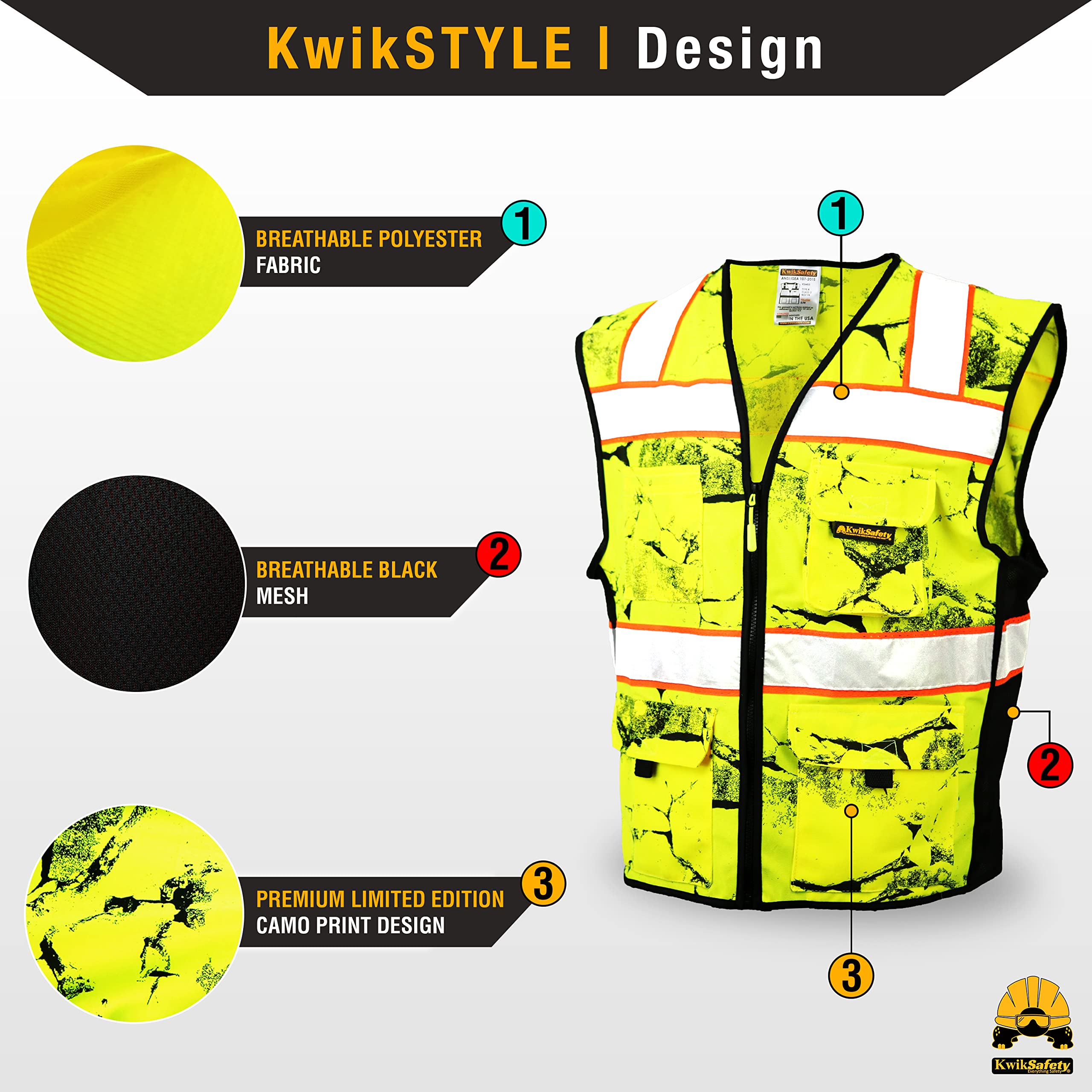 KwikSafety - Charlotte, NC - UNCLE WILLY’S WALL Safety Vest [10 POCKETS] Class 2 ANSI OSHA High Visibility Reflective Camo Heavy Duty Mesh HiVis Construction Work HiViz Men/Yellow Black Large