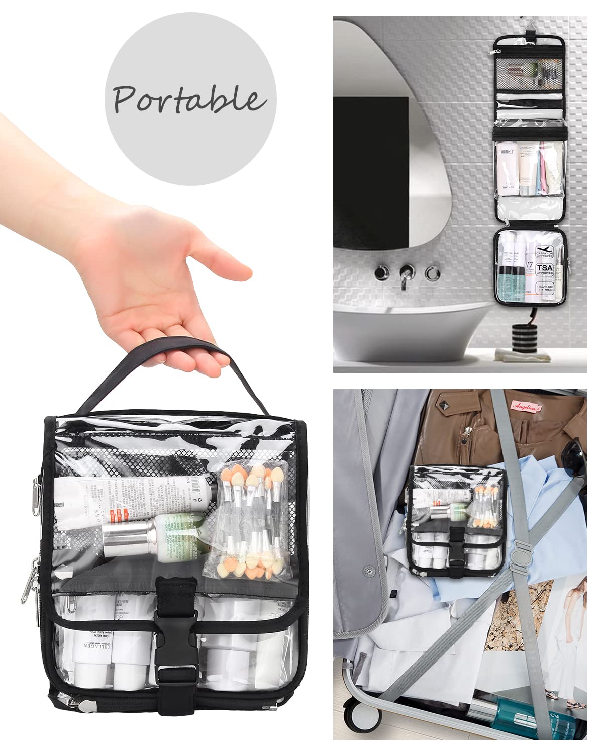 Relavel Hanging Toiletry Bag TSA Approved Clear Toiletry Bag for Women and Men 2 in 1 Removable TSA Liquids Travel Bag Waterproof Carry On Airline 3-1-1 Compliant Bag Quart Sized Luggage Pouch (Clear)