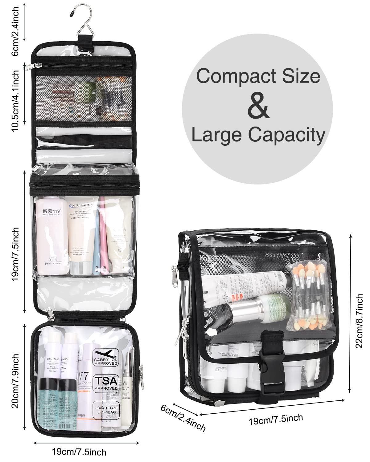 Relavel Hanging Toiletry Bag TSA Approved Clear Toiletry Bag for Women and Men 2 in 1 Removable TSA Liquids Travel Bag Waterproof Carry On Airline 3-1-1 Compliant Bag Quart Sized Luggage Pouch (Clear)