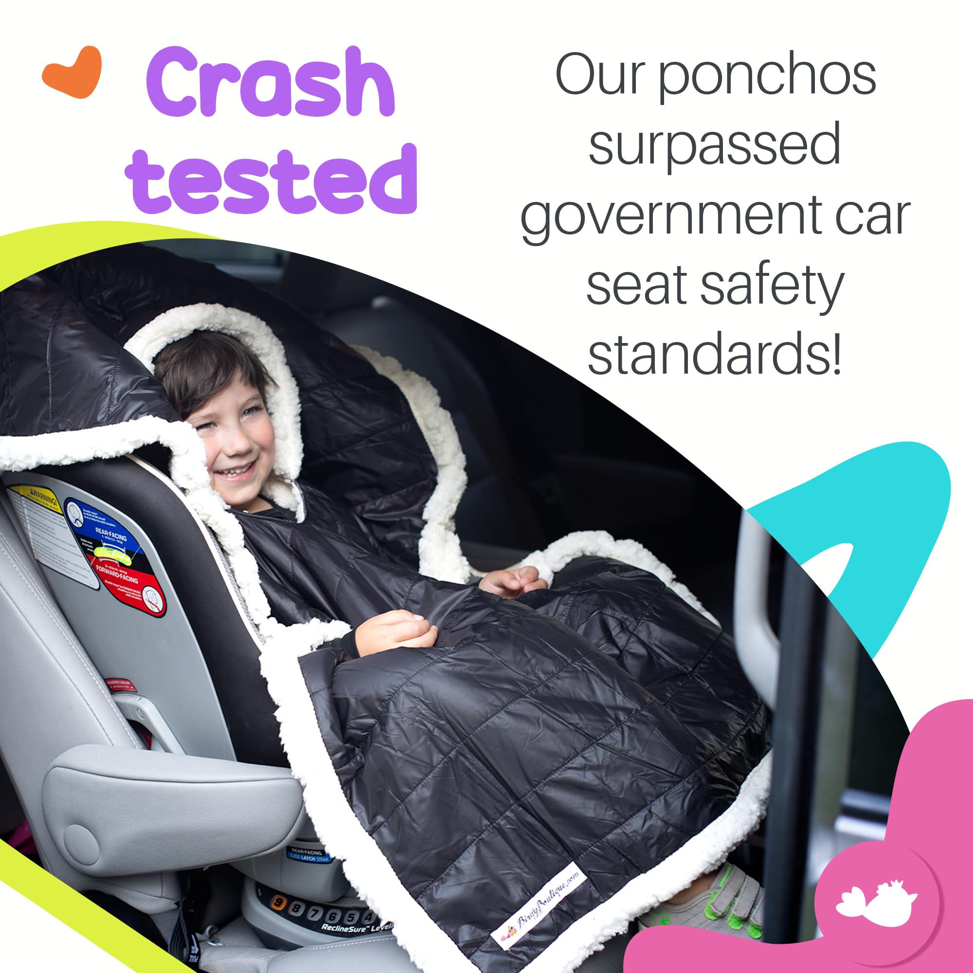 Birdy Boutique Car Seat Poncho for Kids – Safe to Use Over Seat Belts – Reversible Warm and Cozy Blanket – Easy on Easy Off and Doesn’t Impact Car Seat Performance – Black – One Size