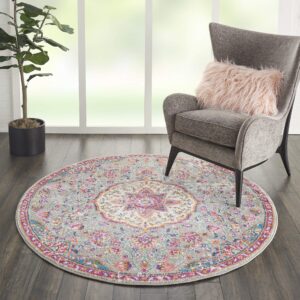 nourison passion grey/multi 4' x round area -rug, farmhouse, transitional, bed room, living room, dining room, kitchen, easy -cleaning, non shedding, (4' round)