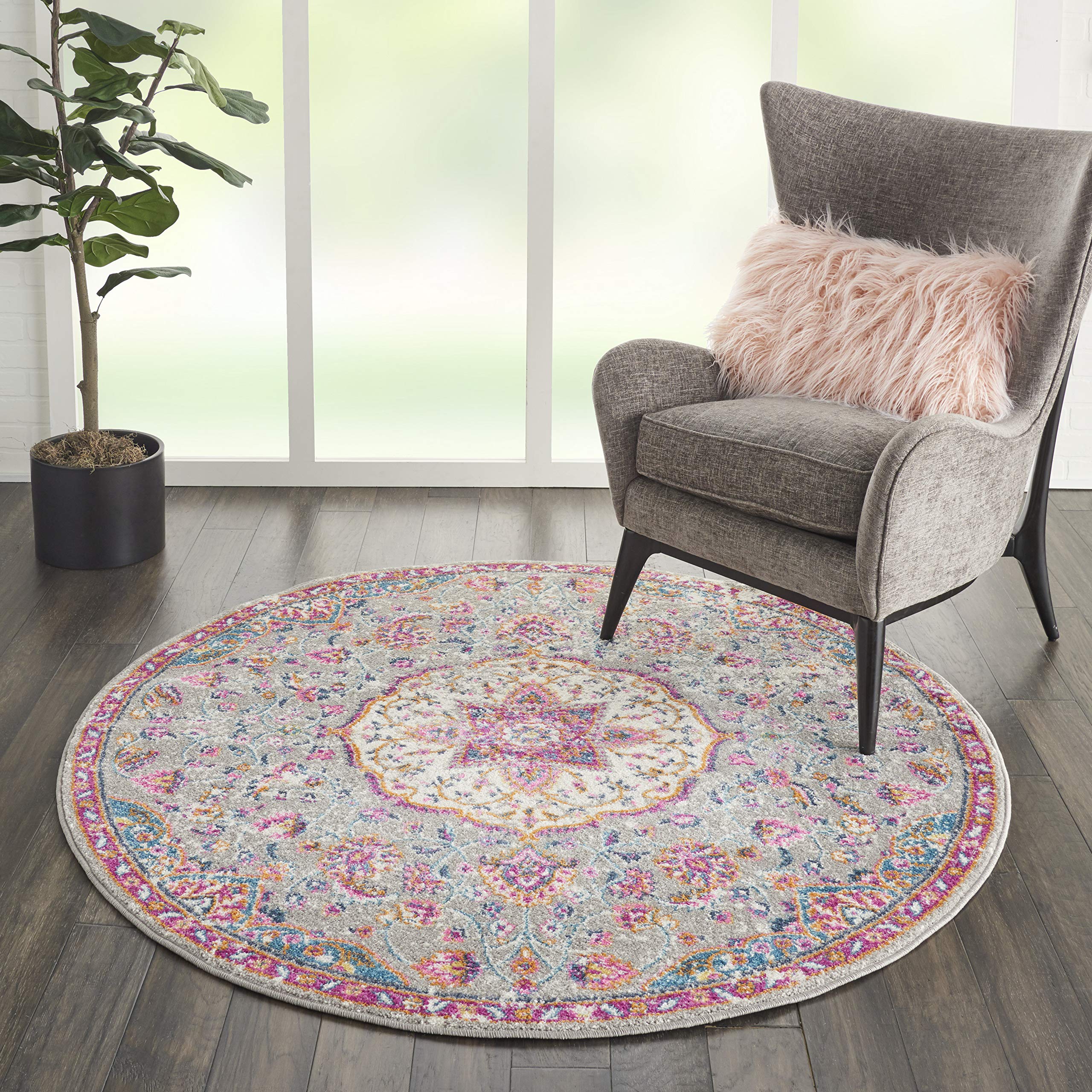 Nourison Passion Grey/Multi 4' x Round Area -Rug, Farmhouse, Transitional, Bed Room, Living Room, Dining Room, Kitchen, Easy -Cleaning, Non Shedding, (4' Round)