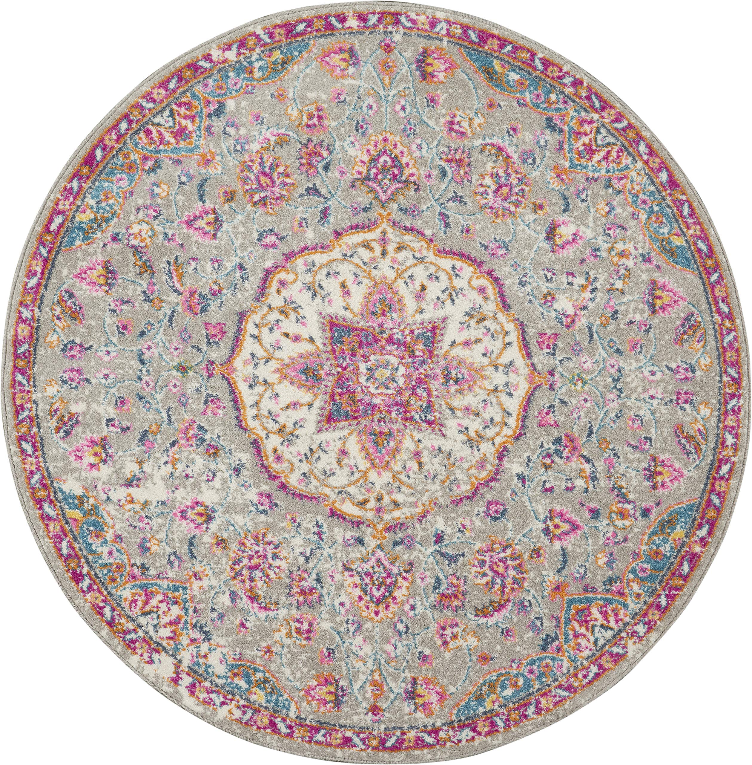 Nourison Passion Grey/Multi 4' x Round Area -Rug, Farmhouse, Transitional, Bed Room, Living Room, Dining Room, Kitchen, Easy -Cleaning, Non Shedding, (4' Round)