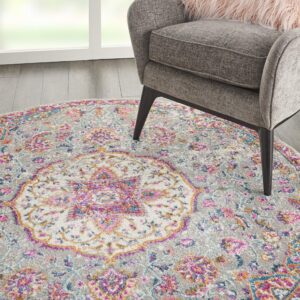 Nourison Passion Grey/Multi 4' x Round Area -Rug, Farmhouse, Transitional, Bed Room, Living Room, Dining Room, Kitchen, Easy -Cleaning, Non Shedding, (4' Round)