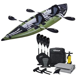 elkton outdoors steelhead inflatable fishing kayak boat - 2 person angler blow up tandem kayak, includes paddles, seats, hard mounting points, bungee storage, rigid dropstitch floor and spray guard