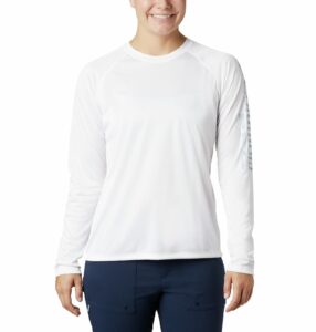 columbia women's standard pfg tidal tee ii sun protection long sleeve shirt, white/cirrus grey logo, medium