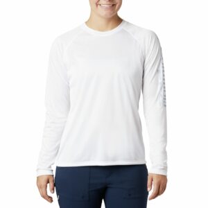 Columbia Women's Standard PFG Tidal Tee II Sun Protection Long Sleeve Shirt, White/Cirrus Grey Logo, Medium