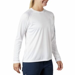 Columbia Women's Standard PFG Tidal Tee II Sun Protection Long Sleeve Shirt, White/Cirrus Grey Logo, Medium