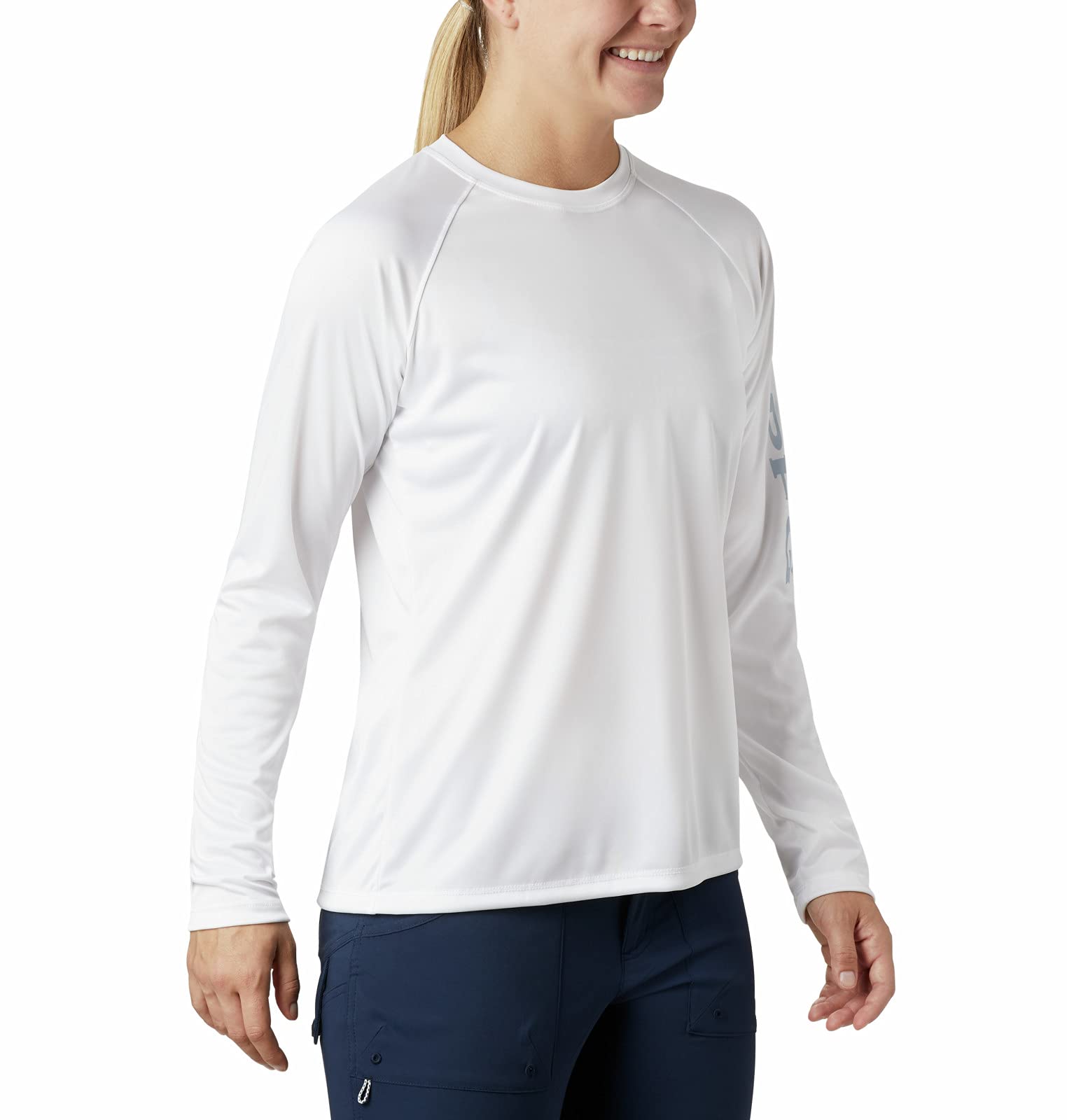 Columbia Women's Standard PFG Tidal Tee II Sun Protection Long Sleeve Shirt, White/Cirrus Grey Logo, Medium