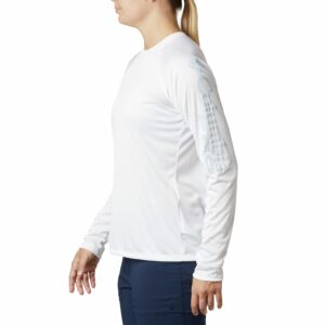 Columbia Women's Standard PFG Tidal Tee II Sun Protection Long Sleeve Shirt, White/Cirrus Grey Logo, Medium