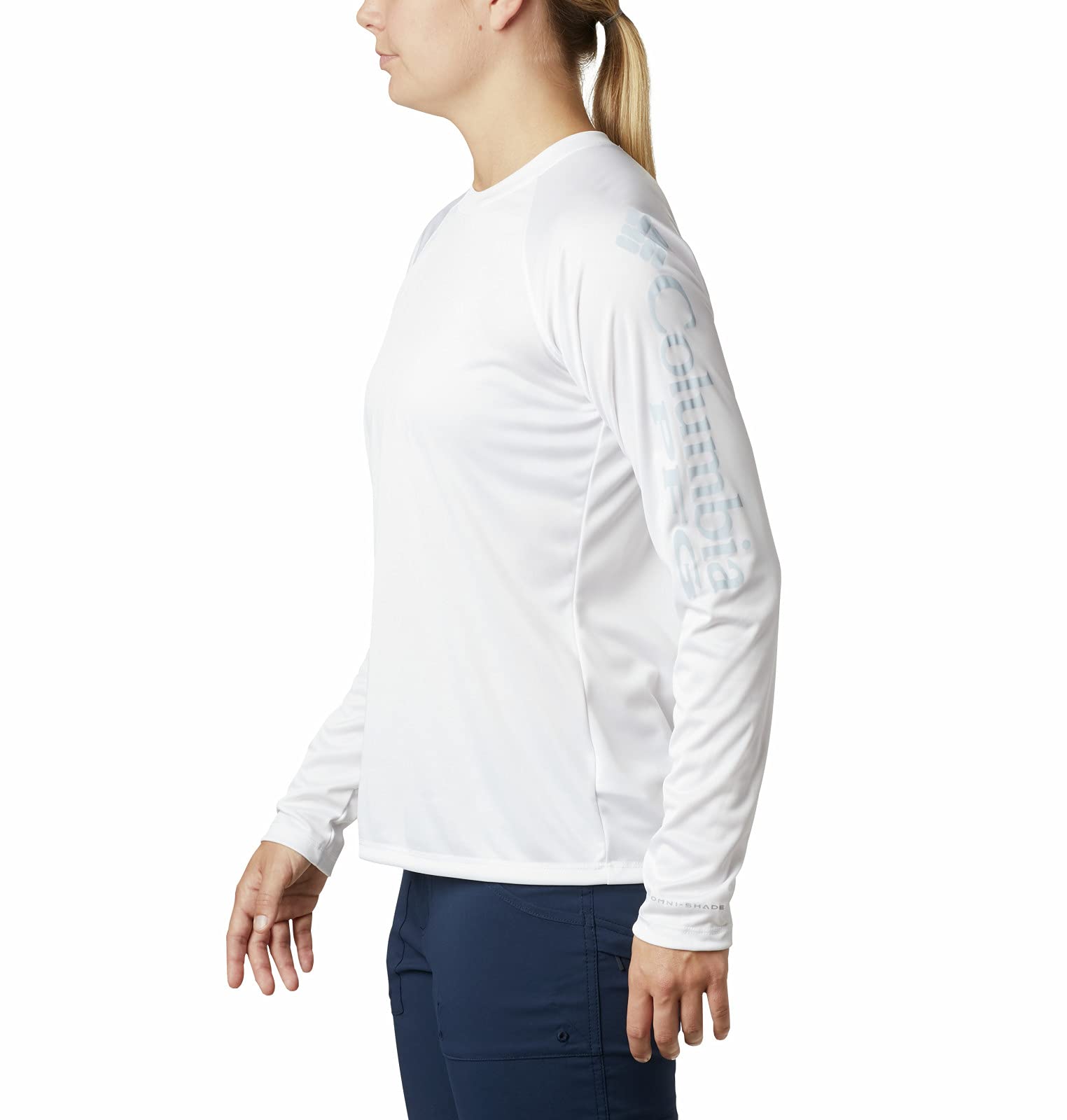 Columbia Women's Standard PFG Tidal Tee II Sun Protection Long Sleeve Shirt, White/Cirrus Grey Logo, Medium