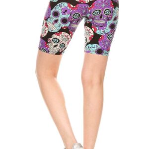 Leggings Depot LBK-R864-M Purple Sugar Skull Printed Biker Shorts, Medium