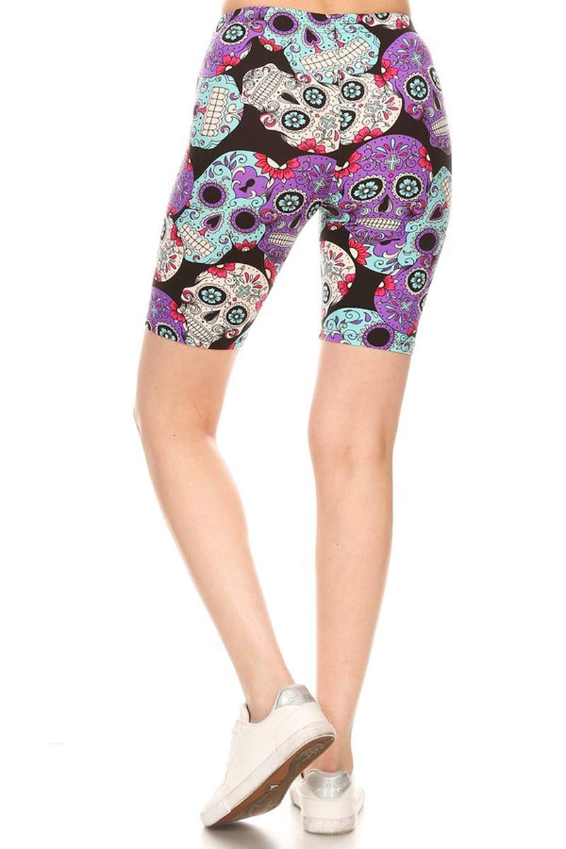 Leggings Depot LBK-R864-M Purple Sugar Skull Printed Biker Shorts, Medium